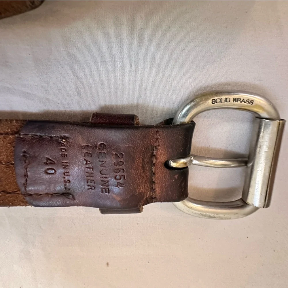 Vintage Made in USA Solid Brass Buckle Brown Leather Belt 40 (36–46 Fit)